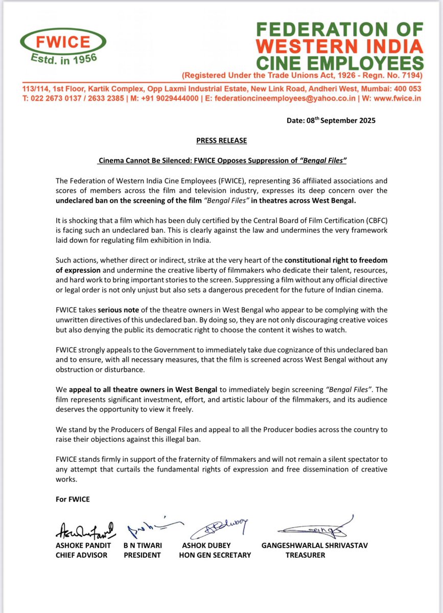 BREAKING: 

Federation Of Western Cine Employees writes against the illegal ban of #TheBengalFiles by Bengal government. 

“We appeal to all theatre owners in West Bengal to immediately begin screening "Bengal Files"… and appeal to all the Producer bodies to raise objections