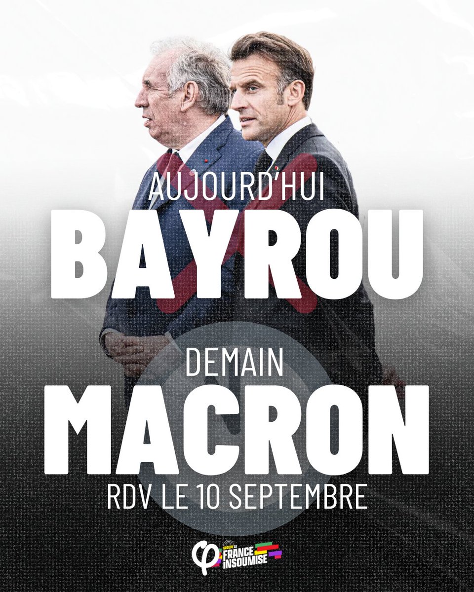 La France Insoumise #NFP à l'Assemblée (@fiassemblee) on Twitter photo 🔴🔥 Aujourd'hui, Bayrou est tombé.
Demain, on fait partir Macron !
Toutes et tous mobilisé·es le 10 septembre, pour qu'ils s'en aillent tous. 🔴🔥 Aujourd'hui, Bayrou est tombé.
Demain, on fait partir Macron !
Toutes et tous mobilisé·es le 10 septembre, pour qu'ils s'en aillent tous.