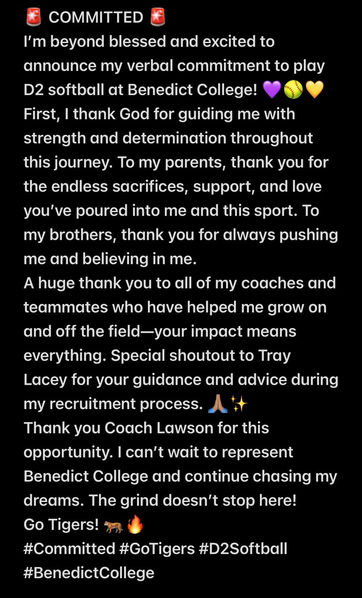 Aiyandi "Yanni" Ramsey 2026 (Uncommitted) (@aiyandiramsey) on Twitter photo COMMITTED!!! Very excited for the next 4!!! Go Tigers💜💛 <a href="/benedict_tigers/">BC Tigers Athletics</a> <a href="/18UOHT3MavsGold/">18U Ohio T3 Mavericks Gold</a>
#hbcuball #collegesoftball #hbcusoftball COMMITTED!!! Very excited for the next 4!!! Go Tigers💜💛 <a href="/benedict_tigers/">BC Tigers Athletics</a> <a href="/18UOHT3MavsGold/">18U Ohio T3 Mavericks Gold</a>
#hbcuball #collegesoftball #hbcusoftball
