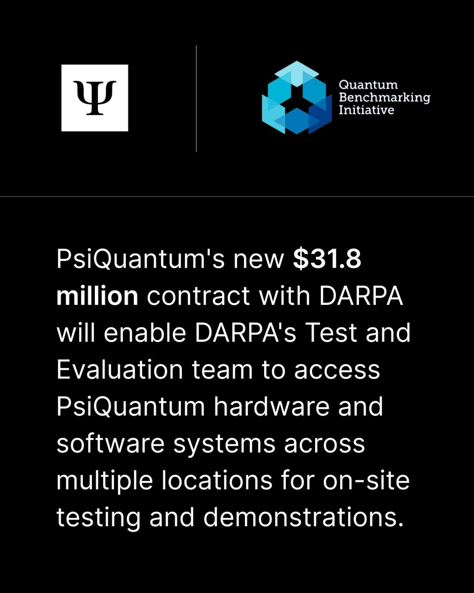 PsiQuantum's tweet image. PsiQuantum&apos;s partnership with @DARPA is rigorously pressure-testing our roadmap to a utility-scale quantum computer.

Under our new $31.8 million contract, DARPA teams will continue on-site testing and demonstrations alongside our technical team at multiple PsiQuantum sites.