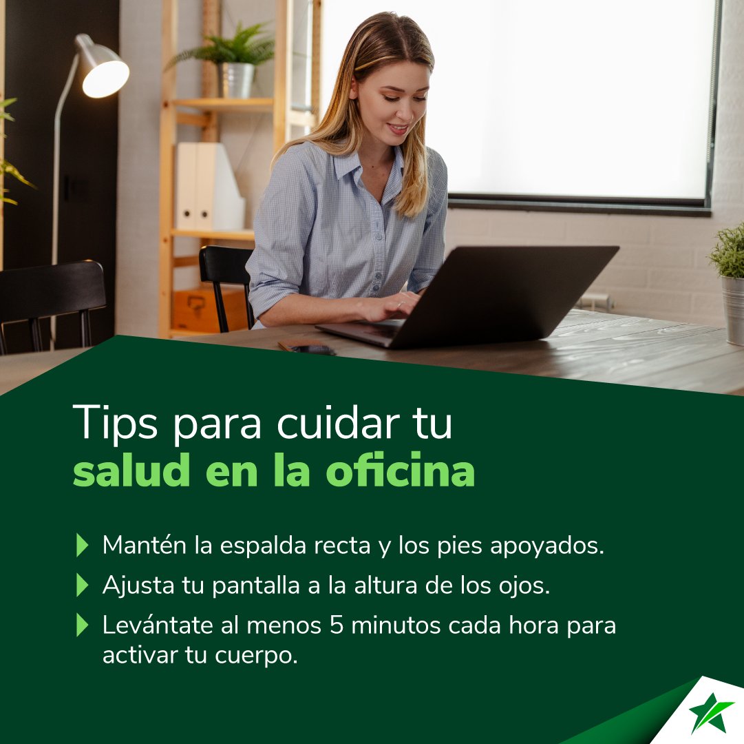 En la oficina también puedes cuidar tu salud. Mantén tu espalda recta y los pies bien apoyados, ajusta la pantalla a la altura de tus ojos y recuerda levantarte al menos 5 minutos cada hora para activar tu cuerpo. Pequeños cambios que marcan la diferencia.