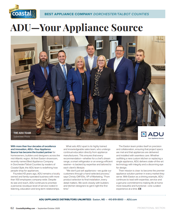 We’re thrilled and deeply humbled to share that ADU, Your Appliance Source has been voted Best Appliance Company in Dorchester and Talbot counties! Thank you to our incredible community for your trust and support. This honor belongs entirely to you.
For those who’ve welcomed us