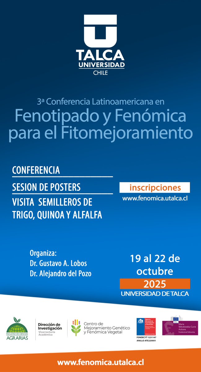 Sé parte de la 3ª Conferencia Latinoamericana en Fenotipado y Fenómica para el Fitomejoramiento.

Especialistas abordarán los avances en mejoramiento genético vegetal, nuevas tecnologías en fenotipado y su impacto en la agricultura. 

 Inscripciones 👉 fenomica.utalca.cl