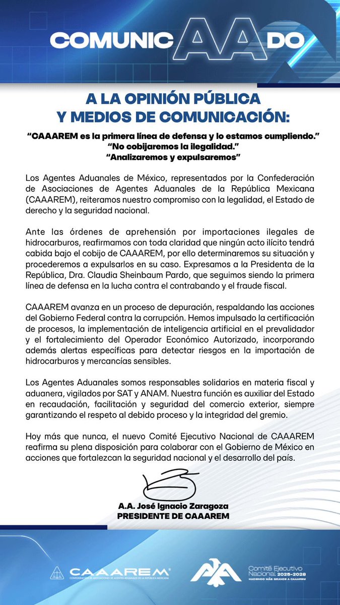 Los Agentes Aduanales de México, representados por <a href="/CAAAREM/">CAAAREM</a>, reiteramos:
🚫 No cobijaremos la ilegalidad.
🔍 Analizaremos y expulsaremos en su caso.
🇲🇽 Somos la primera línea de defensa y aliados del Gobierno que encabeza la Presidenta <a href="/Claudiashein/">Claudia Sheinbaum Pardo</a> en la lucha contra el