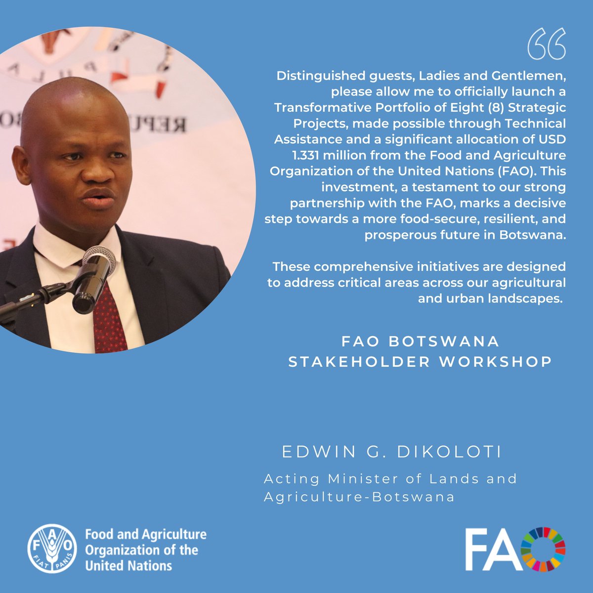 FAOBotswana's tweet photo. Last week, @FAOBotswana hosted a High-Level Stakeholder Engagement Workshop to launch New Projects, solicit stakeholder input for enhanced #collaboration &amp; improve delivery. The workshop also emphasized the importance of #transformativepartnerships in advancing #AgricDevelopment https://t.co/zu8JDZ2SSV
