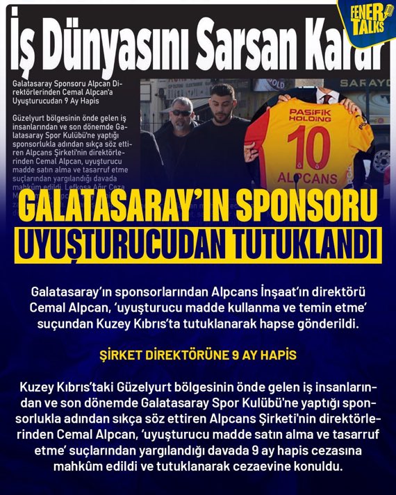 Galatasaray’ın sponsorlarından Alpcans İnşaat’ın direktörü Cemal Alpcan, ‘uyuşturucu madde kullanma ve temin etme’ suçundan Kuzey Kıbrıs’ta tutuklanarak hapse gönderildi. 

(Fener Talks)