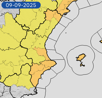 Two maps showing the Valencian Community with color-coded weather warnings. The first map, dated 08-09-2025, highlights areas in red, orange, and yellow, indicating storm and rain alerts, with the northeastern region in red. The second map, dated 09-09-2025, shows similar color coding, with the northeastern region in orange and an island in orange. Black text overlays display the dates.