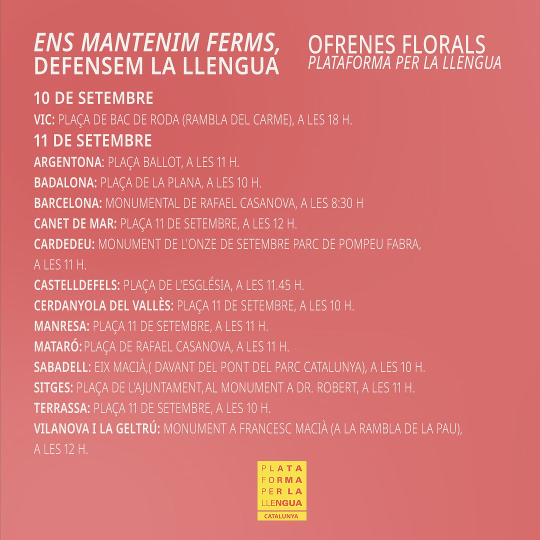 📢 ENS MANTENIM FERMS, DEFENSEM LA LLENGUA

Com cada any, Plataforma per la Llengua tornem a sortir al carrer amb motiu de la Diada Nacional de Catalunya.