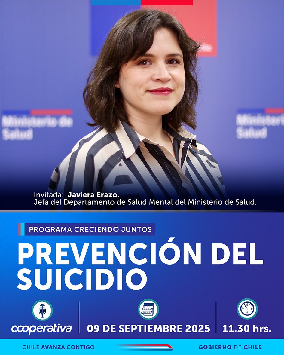 ‼️ MARTES 9/9 a las 11:30 am por radio <a href="/Cooperativa/">Cooperativa</a> y RRSS @ChileCreceMás, un nuevo programa de 🎙️𝗖𝗥𝗘𝗖𝗜𝗘𝗡𝗗𝗢 𝗝𝗨𝗡𝗧𝗢𝗦 
📌PREVENCIÓN DEL SUICIDIO📌
Para tus preguntas escríbenos al WhatsApp +569 7888 0770, comenta en la transmisión por FB Live, YT e IG.