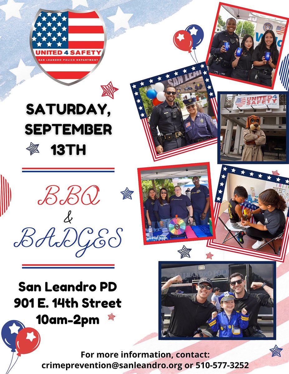 SanLeandroPD's tweet photo. 🚨Updated Information:

All Are Invited!
SLPD Presents:
United 4 Safety – BBQ &amp; Badges
📅 Sat, Sept 13th
🕙 10 AM – 2 PM
📍 901 E. 14th St., SL
Join us for a free, family-friendly day filled with:
🍔 Delicious BBQ &amp; Food
🎯 Fun Games &amp; Activities
🚓 Police Equip. Displays &amp; Demos https://t.co/oroi7Q3nk4