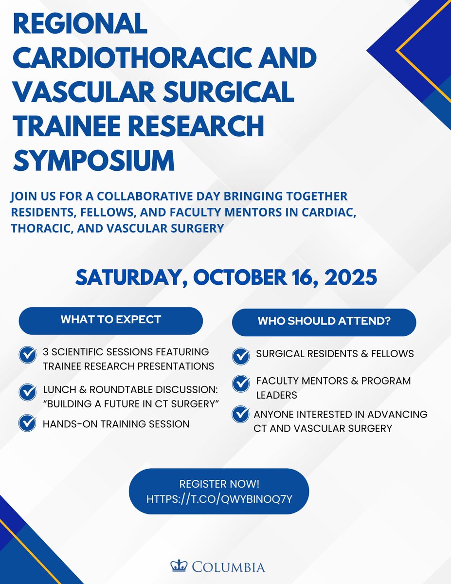 📢 Join us for the Regional Cardiothoracic &amp; Vascular Surgical Trainee Research Symposium!
📅 Sat, Oct 16, 2025
🔗 Register: eventleaf.com/Attendee/Atten…