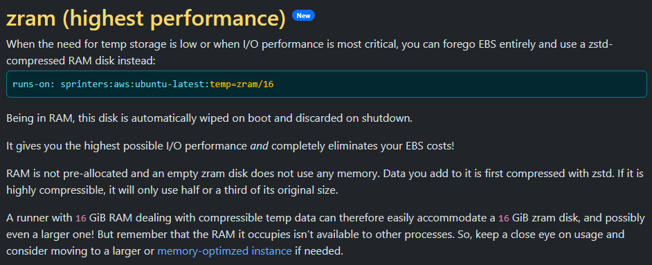 sprinters_sh's tweet photo. Temp storage just got a whole lot faster! You can now store your temp files on blazing fast zstd-compressed RAM disk for maximum I/O performance with zero EBS costs.

https://t.co/zw9bzAio9h https://t.co/Blt7Ml9ICj