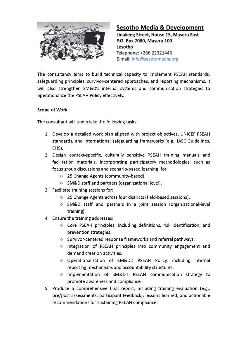 SesothoMedia's tweet photo. 🚨🚨 CONSULTING OPPORTUNITY: Consultancy Services for PSEAH Training Development and Delivery🚨🚨
Application Deadline: 19th September 2025 at 17:00
Email Applications to : info@sesothomedia.org  
Subject Line : Consultancy Services for PSEAH Training Development and Delivery https://t.co/Az9Uex9gfh