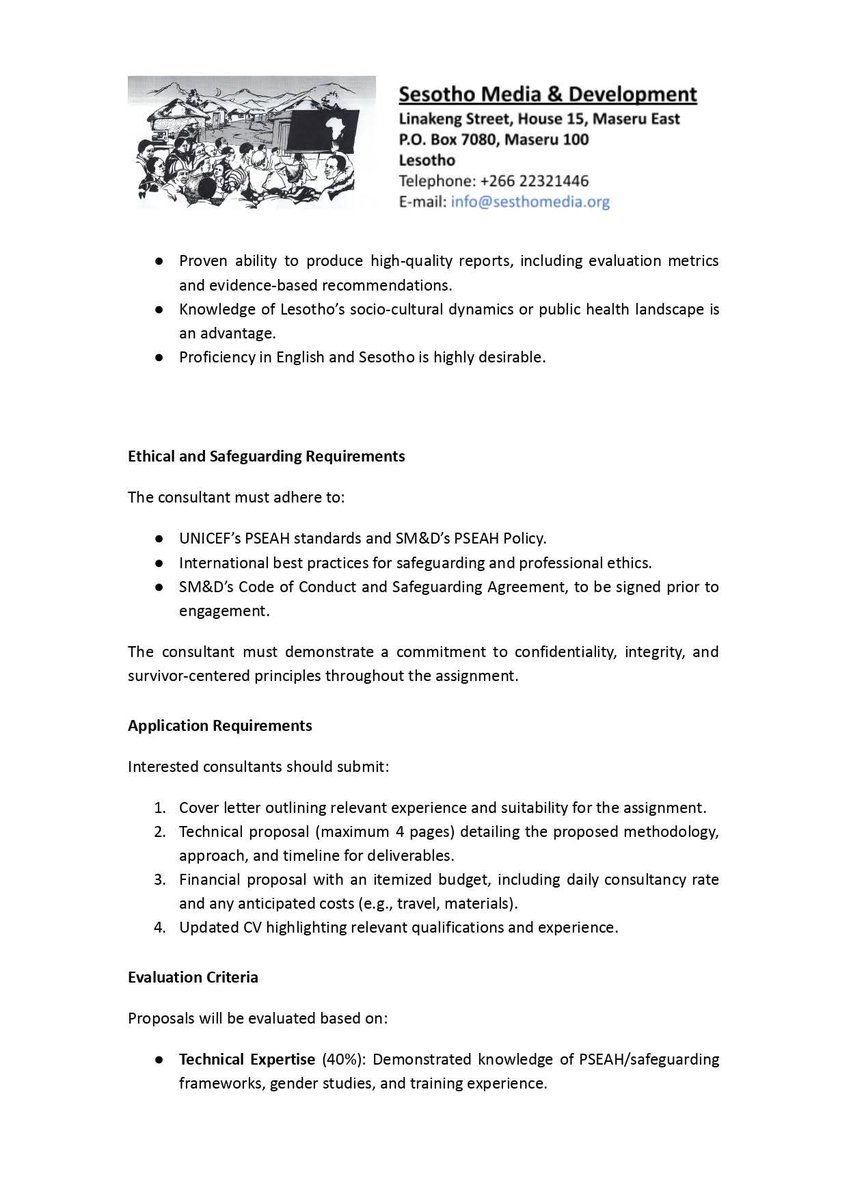 🚨🚨 CONSULTING OPPORTUNITY: Consultancy Services for PSEAH Training Development and Delivery🚨🚨
Application Deadline: 19th September 2025 at 17:00
Email Applications to : info@sesothomedia.org  
Subject Line : Consultancy Services for PSEAH Training Development and Delivery