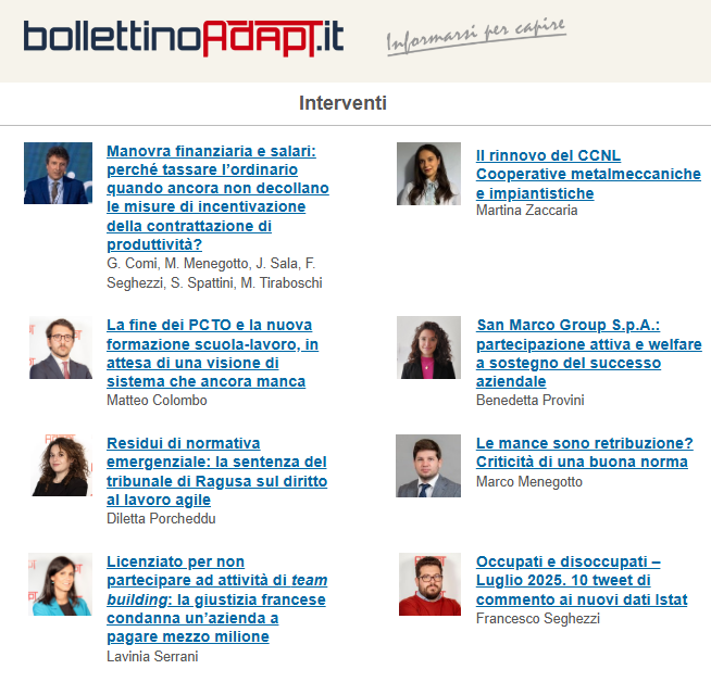 bollettinoADAPT's tweet photo. 🆕#BollettinoADAPT n. 30/2025
#PCTO #retribuzione #welfare #licenziamento #apprendistato #smartworking #contrattattipirata #caporalato #pensioni
➡️Leggi qui: https://t.co/T2vMdEvP6L
✍️Iscriviti alla newsletter: https://t.co/c8qnbKXSLS https://t.co/ERzuxQPfGc