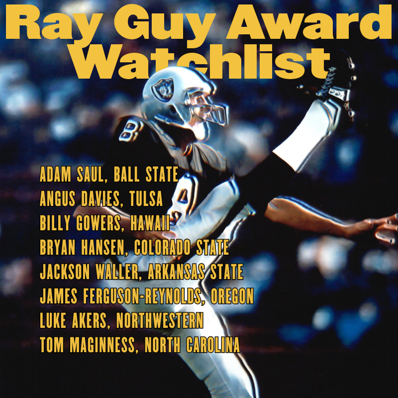 Ray Guy Award (@rayguyaward) on Twitter photo Congratulations to these newly nominated punters! They have been added to our 2025 Ray Guy Award ongoing watch list.
#RayGuyAward | #RGA Congratulations to these newly nominated punters! They have been added to our 2025 Ray Guy Award ongoing watch list.
#RayGuyAward | #RGA