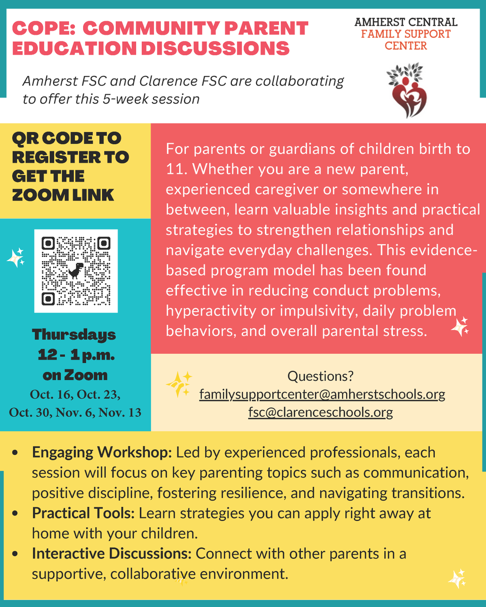 Register now, docs.google.com/forms/d/1hNGga…
The workshop will be facilitated by staff from the Clarence Schools Family Support Center and Amherst Schools Family Support Center. It is open to any parents or caregivers across WNY who have children ages birth through age 11.