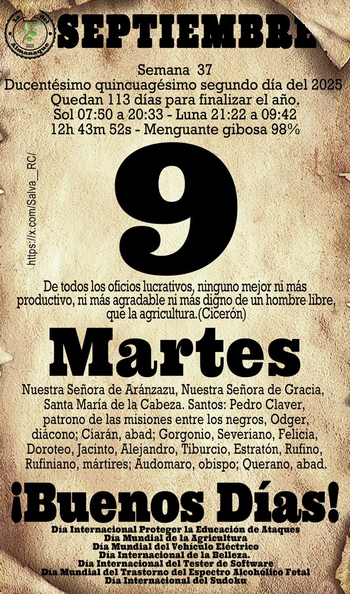 La hoja del almanaque. #lahojadelalmanaque #calendario #Calendariodiario #Santoral #sol #luna #frases #fraseDelDía #efemérides #Martes #felizMartes #BuenosDías