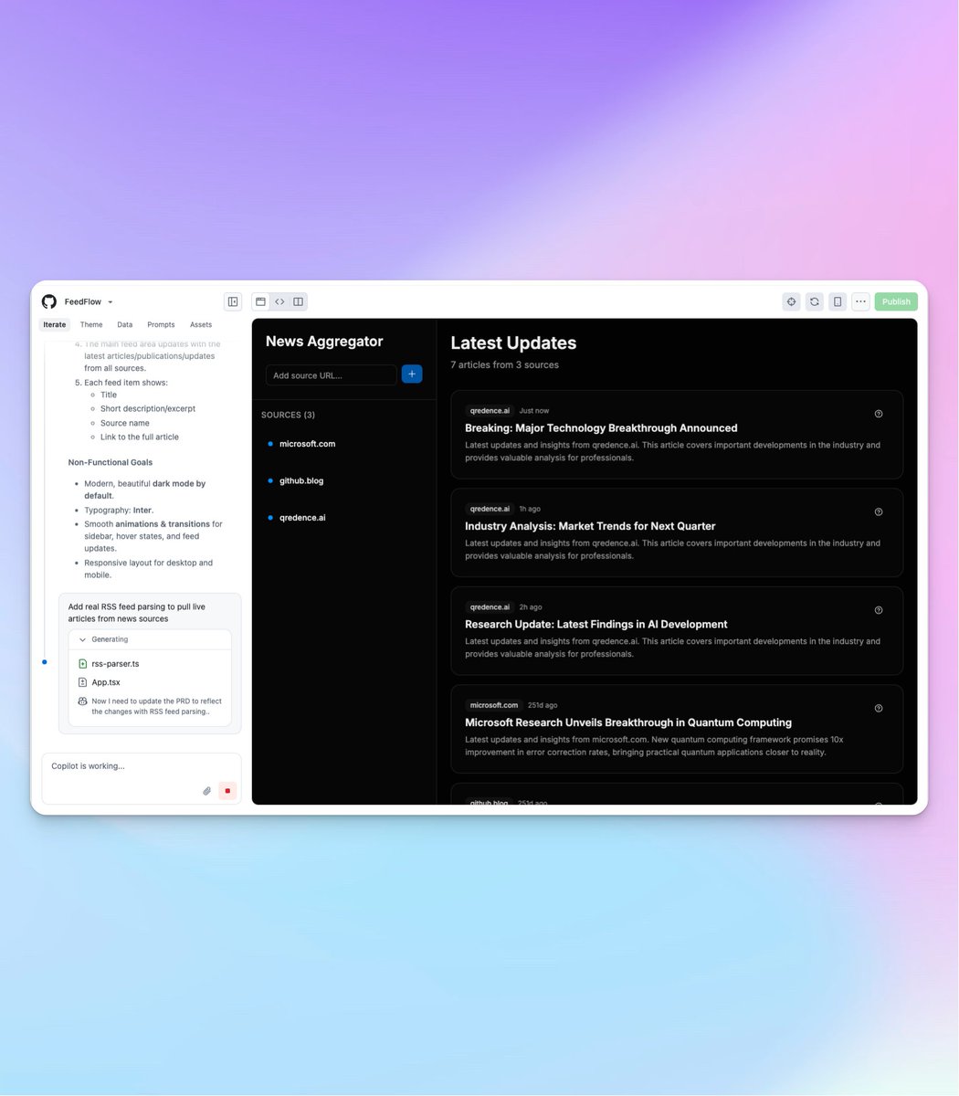 News ! 
<a href="/github/">GitHub</a> Spark is being upgraded !
Currently testing it with a new build of a news feed
Currently 1 prompt and one suggestion in the screenshot

will post after 3 prompt other ones following spec-kit approach !