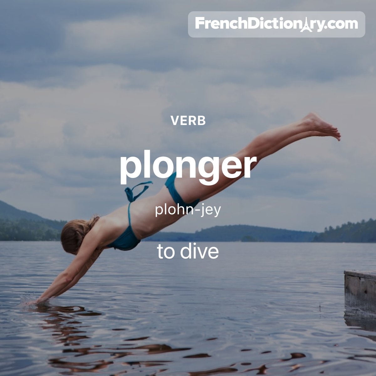 Today's #WordOfTheDay is "plonger." 🏊‍♀️ For example: Justine a plongé dans le lac. - Justine dove into the lake.
#StudyFrench #ApprenezLeFrançais #ÉtudiezLeFrançais #TraductionFrançaisAnglais #Français #French #LearnFrench #MotDuJour