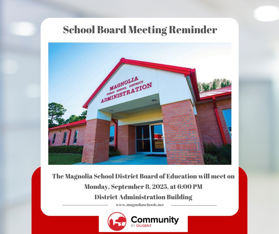 A regular school board meeting  will take place today, Monday,  September  8, 2025, at 6:00 p.m. Subscribe to the Diligent Community for all information regarding MSD Board of Education meetings.➡️ magnoliaschools.diligent.community/Portal/