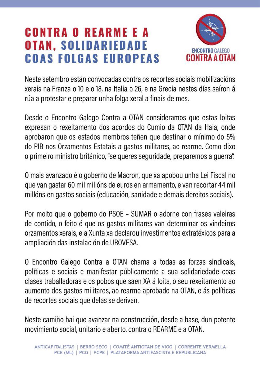 Contra o Rearme e a #OTAN: solidariedade coas folgas europeas!