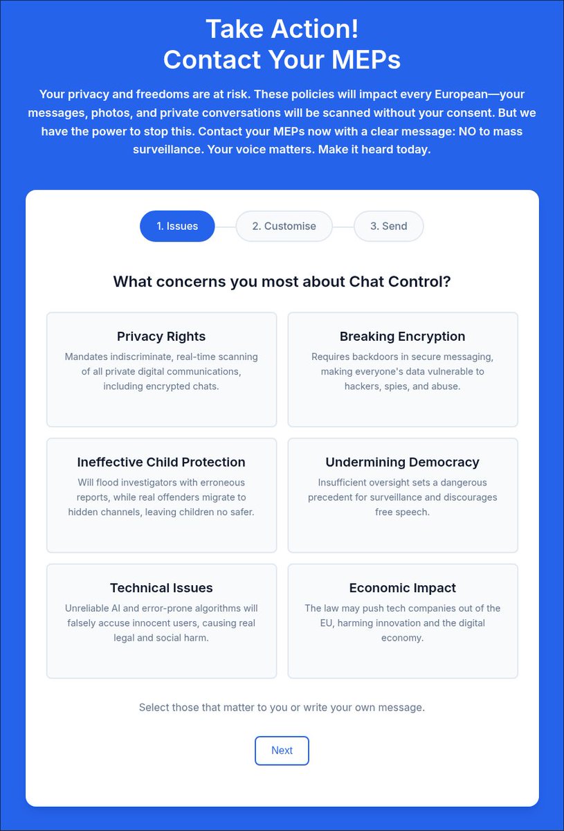 Fight Chat Control has templates and contacts for each country.

Contact your MEPs!
And do this right now, it literally takes 2 minutes.

fightchatcontrol.eu