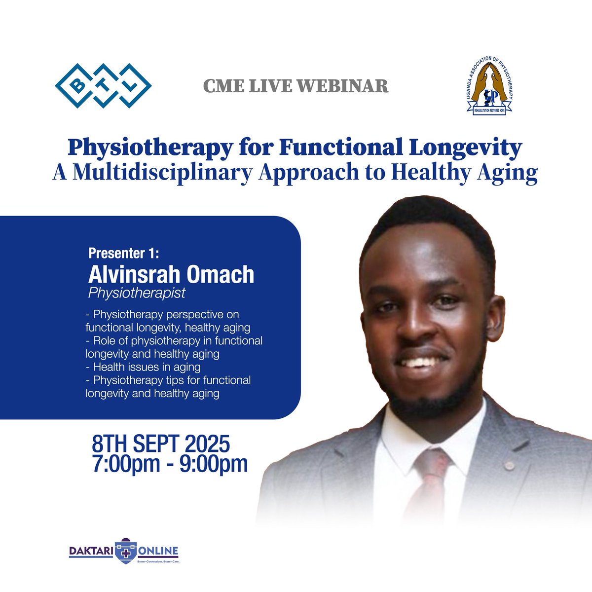 Mr. Alvinsrah Joshua Omach, a physiotherapist with three years of clinical experience in elderly care <a href="/ReachOneTouchO1/">Reach One - Touch One Ministries</a> will be presenting: Role of Physiotherapy in functional longevity and healthy Ageing

Register &amp; join: us06web.zoom.us/webinar/regist…

#WorldPTDay <a href="/DaktariOnline/">Daktari Online</a> #BTL
