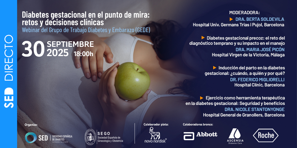 🔜 #SEDdirecto Diabetes gestacional en el punto de mira: retos y decisiones clínicas

📅 30 de septiembre | 18:00-19:30 h
💬 Organizado por GEDE – SED &amp; SEGO
✏️ Inscripciones #webinar: cutt.ly/srXdh3xq

La #diabetes gestacional plantea retos diagnósticos, terapéuticos y de