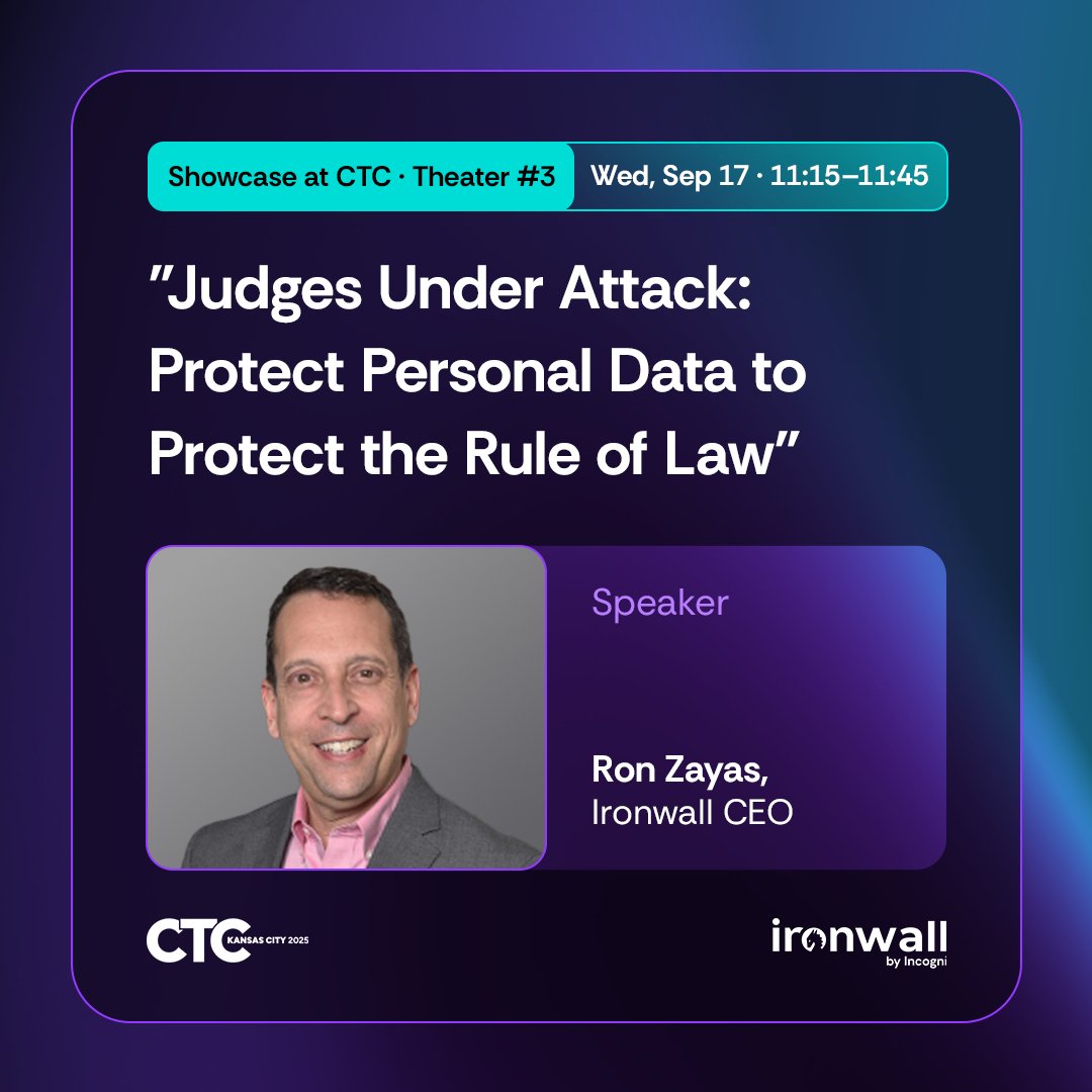 ironwall360's tweet photo. Judges are under attack — and it’s personal.

Join us at #CTC2025 for “Judges Under Attack: Protect Personal Data to Protect the Rule of Law”

🗓 Wed, Sept 17, 11:15-11:45 AM | Showcase Theater 3

Learn how to safeguard judges and their families. https://t.co/XaYnLKW2v4