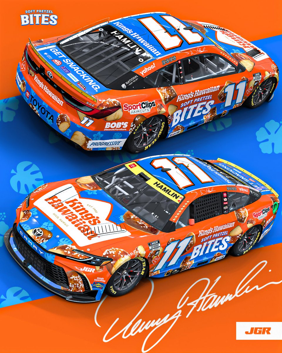 JoeGibbsRacing's tweet photo. Late night snack for a late night track! 

The @KingsHawaiian Pretzel Bites scheme that @dennyhamlin will run Saturday night at @ItsBristolBaby. https://t.co/7UFTA6VhNa