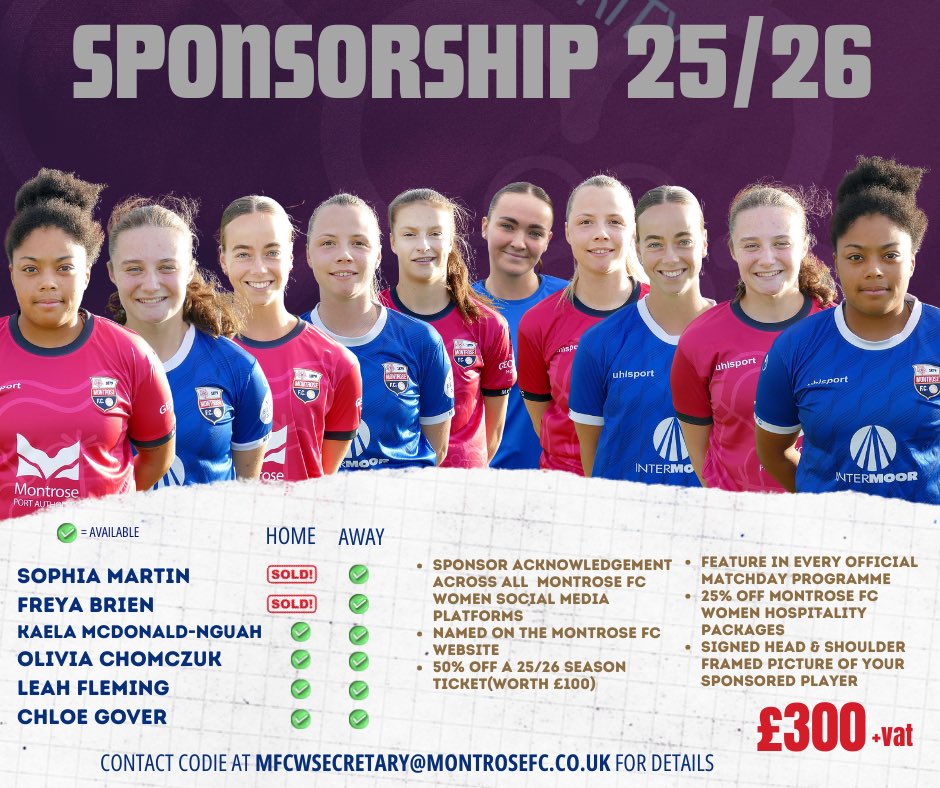 𝗟𝗮𝘀𝘁 𝗖𝗵𝗮𝗻𝗰𝗲 𝗧𝗼 𝗦𝗽𝗼𝗻𝘀𝗼𝗿 𝗔 𝗣𝗹𝗮𝘆𝗲𝗿 𝗧𝗵𝗶𝘀 𝗦𝗲𝗮𝘀𝗼𝗻!

We are down to the last few remaining player sponsorships for the season – and this is your chance to get involved!

montrosefc.co.uk/2025/09/08/fin…