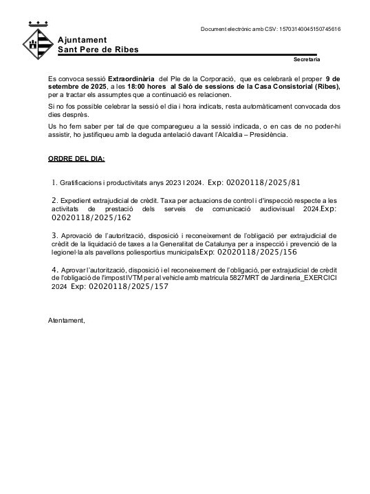 santperederibes's tweet image. PLE EXTRAORDINARI
🗓️ DEMÀ, dimarts 9 de setembre
🕕 18 h
📍 Saló de sessions de la Casa de la Vila (Ribes)

Seguiu-lo en directe al canal de Youtube de @canalblau:
▶️ youtube.com/canalblau

Llegiu-ne un resum al hashtag #pleSPRibes de X (Twitter).

#SPRibes