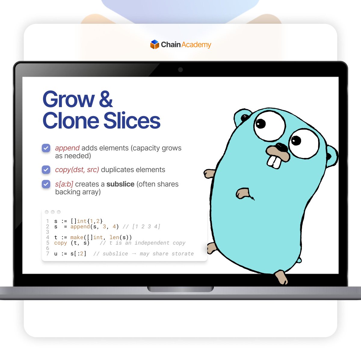 chainacademy_'s tweet image. Forget static arrays; slices are Go&apos;s powerful, dynamic workhorses. They&apos;re essential for building efficient, real-world applications. Don&apos;t get caught by slice surprises! Swipe through this 4-part guide to become a slice pro. 👇💡 #GoLangBasics #ChainAcademy #LimitlessLearning