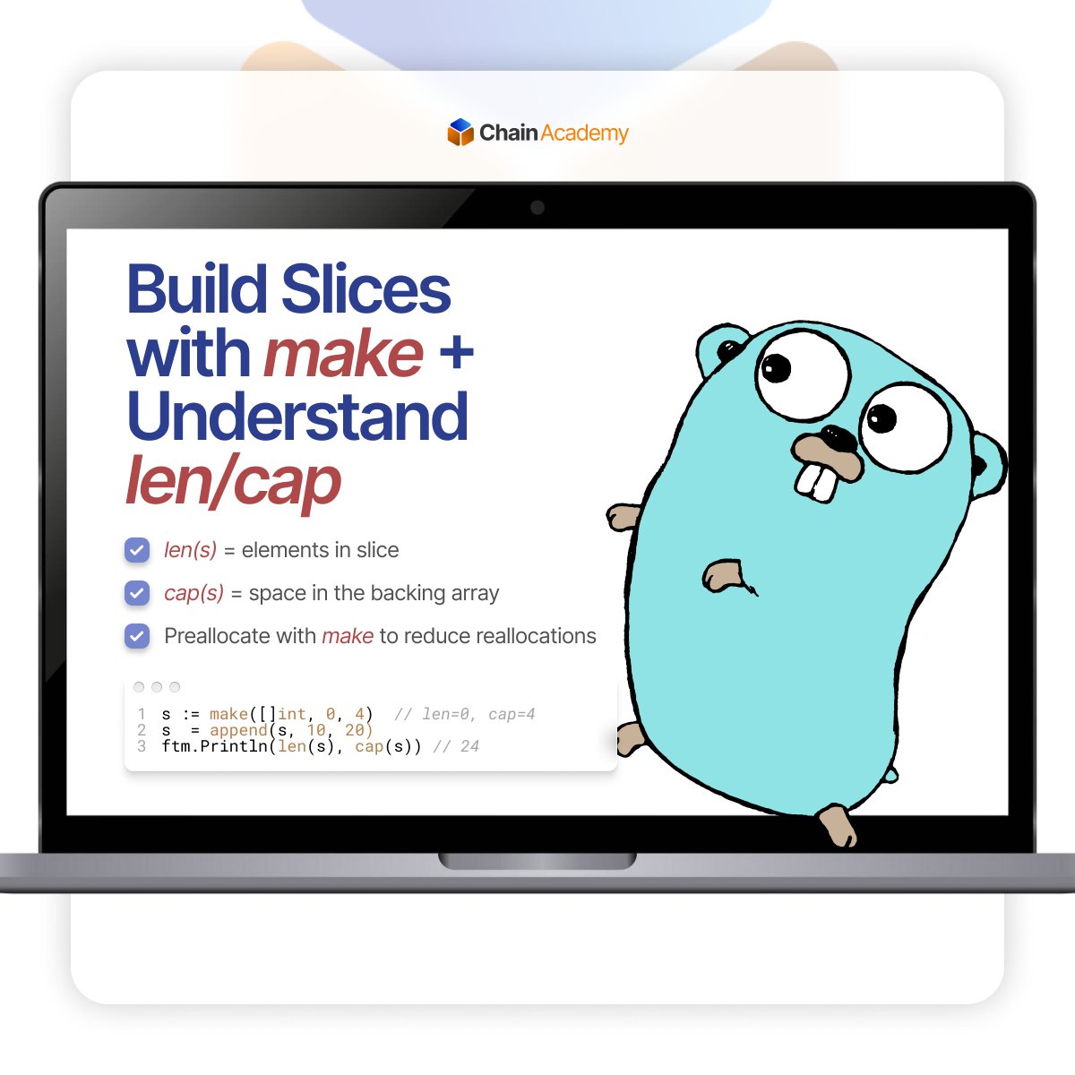 chainacademy_'s tweet image. Forget static arrays; slices are Go&apos;s powerful, dynamic workhorses. They&apos;re essential for building efficient, real-world applications. Don&apos;t get caught by slice surprises! Swipe through this 4-part guide to become a slice pro. 👇💡 #GoLangBasics #ChainAcademy #LimitlessLearning