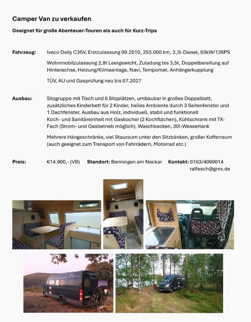 Wir wollen unseren Camping Bus verkaufen. Die Kids sind dem Kinderbett entwachsen und somit müssen wir uns leider von unserem treuen Gefährten trennen. Also falls ihr jemand kennt, der jemand kennt, der jemand kennt gerne teilen