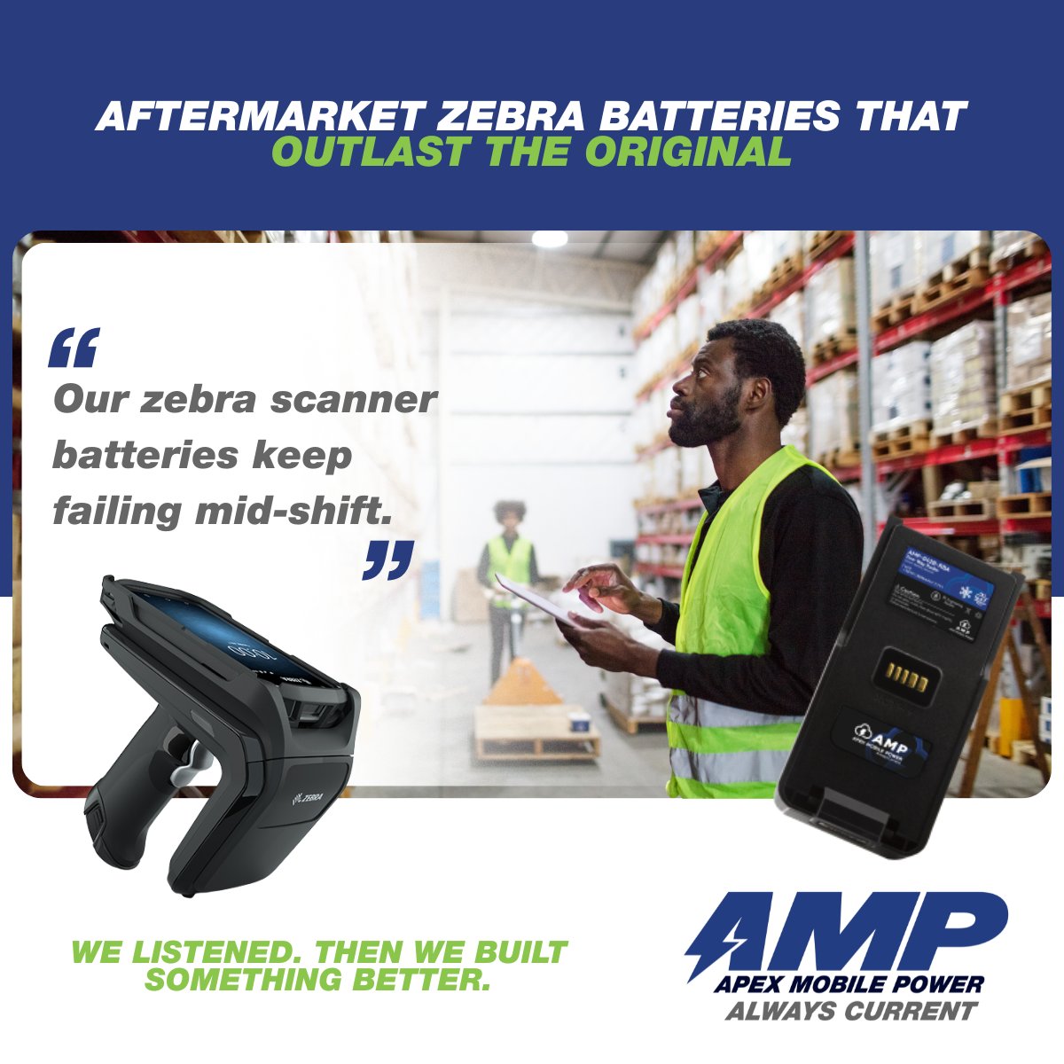Tired of Zebra scanner batteries failing mid-shift?
AMP aftermarket TC5X packs = longer runtime, rugged build, AND more cost-competitive than OEM.

#ZebraBatteryReplacement #RuggedPower #FieldDevicePower