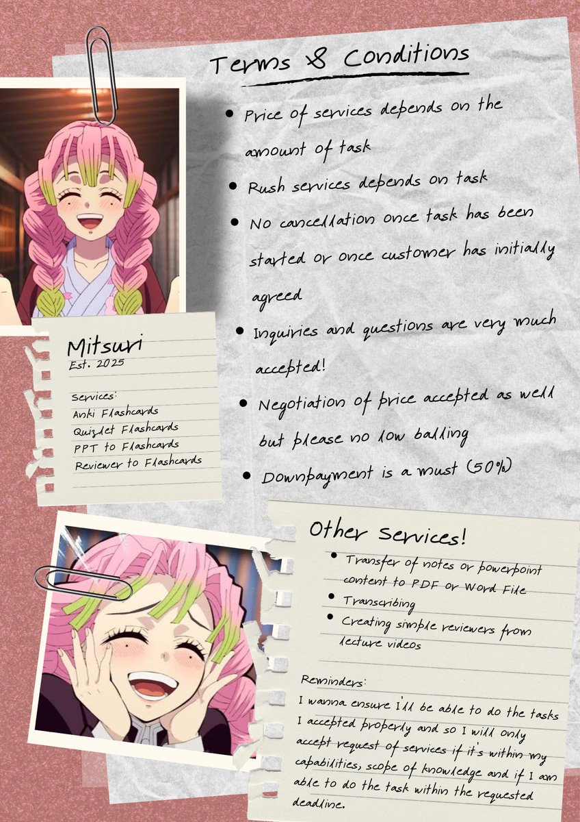 mitsuritypes's tweet photo. Hi, I’m Mitsuri! I do academic related commissions, specifically creating flashcards or anything that has to do with study materials!

— for more details, please see attached photos ๑·̑◡･̑๑

tags: ph commissions pagawa services anki quizlet flashcards transcribing reviewer https://t.co/2rA7wbK1t5