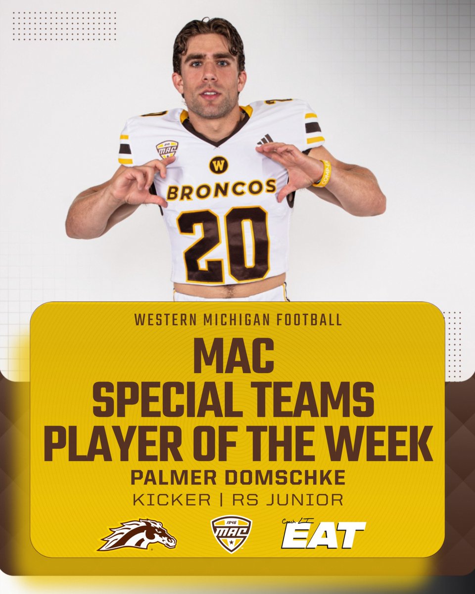 Congratulations to <a href="/DomschkePalmer/">Palmer Domschke</a>  on being named MAC Special Teams Player of the Week!

Domschke tied a career-high with three field goals, going 3/3 and recording 12 total points against North Texas!