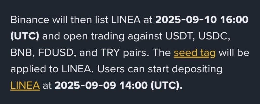 $LINEA Listing on Binance 

On September 10th at 4PM UTC, Binance will list $LINEA on spot trading.