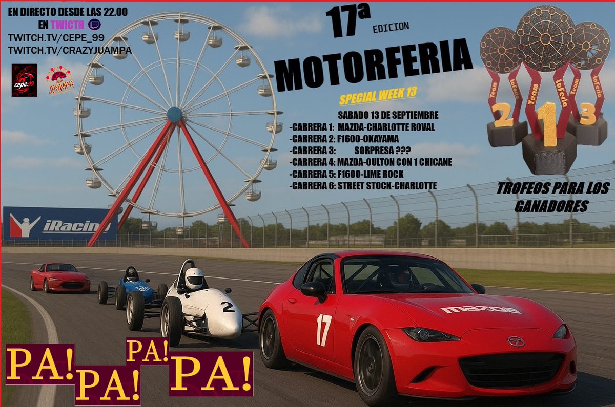 Tenemos plan para esta semana 13 

Sábado 13 a partir de las 22:00 
Todo el contenido gratis 
Con trofeos para los ganadores 

Campeonato en colaboración con cepe_99

Registro abierto en Discord 

discord.gg/DXzkMnuY