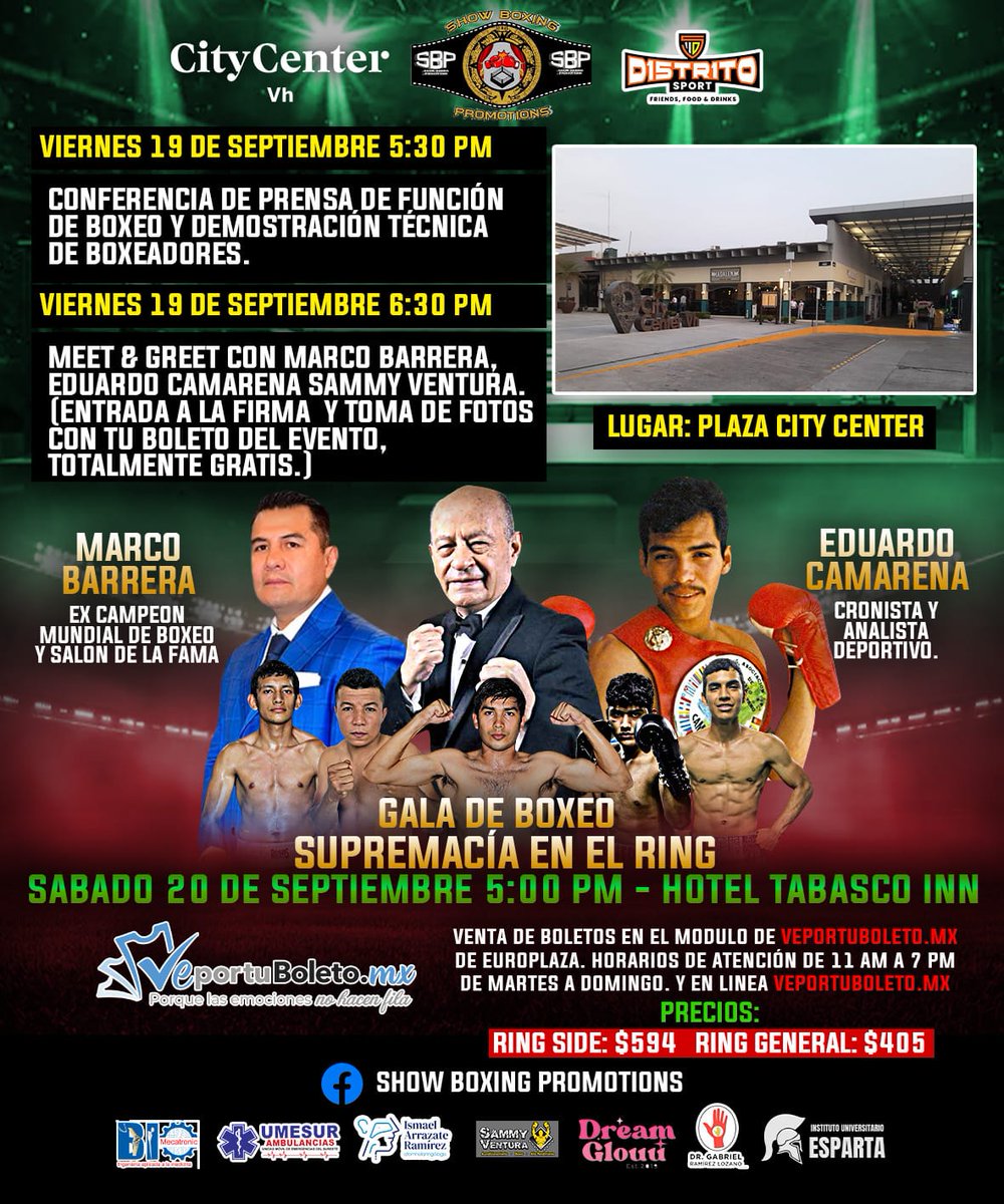 GAPAV3's tweet image. 🥊¡LA EMOCIÓN DEL BOX SE VIVE EN TABASCO!🥊

Este sábado 20 de sept., 5 PM Hotel Tabasco Inn, disfruta la Gala de Boxeo Supremacía en el Ring.
🔥Y si ya tienes tu boleto para la pelea, podrás acceder al Meet &amp;amp; Greet con boxeadores viernes 19 de sept, 6:30 PM en Plaza City Center