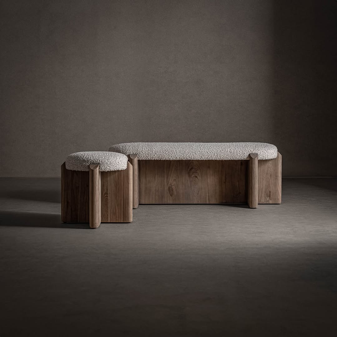 SuiteWood's tweet image. Serene geometry by @vicalhome 
Bench and stool from the Jacquard collection: solid wood, warm upholstery, and a construction born from the essential.
A design for spaces that value form and stillness.