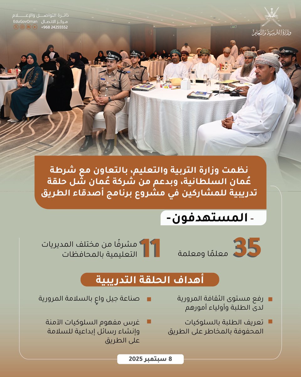 EduGovOman's tweet photo. نظمت وزارة #التربية_والتعليم بالتعاون مع شرطة عُمان السلطانية، وبدعم من شركة عُمان شل حلقة تدريبية للمشاركين في مشروع برنامج "أصدقاء الطريق".

#تعلم_مستدام https://t.co/1kBnQyQFWk