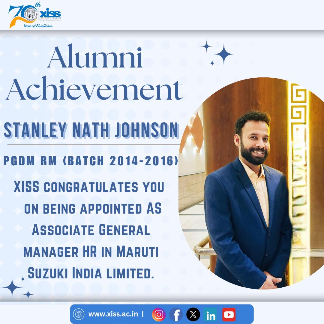 XISSRanchi's tweet image. It is with immense pleasure we share that Mr Stanley Nath Johnson an #alumnus of PGDM-RM, batch of 2014-16, has been appointed as #AssociateGeneralManager #HR @MSIL. #XISSRanchi congratulates him &amp;amp; wishes him the best in all future endeavours.
#AlumniAchievements