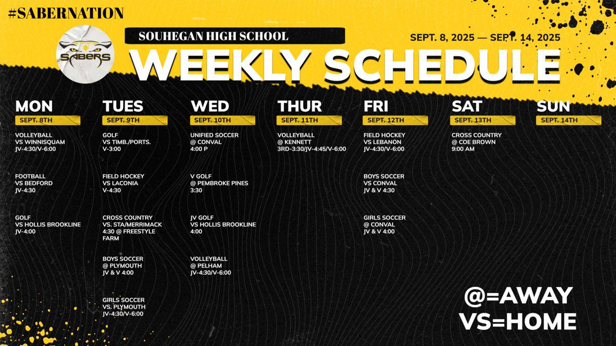 The weekly athletics schedule is here! Come out and support your Sabers!! #SaberNation