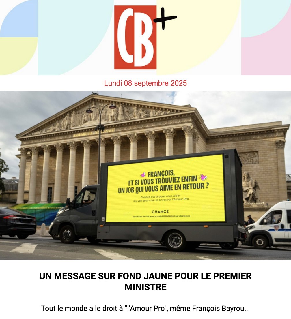 📩 La CB+ du 08 septembre est arrivée → a.cbnews.fr/nohtml/4662/11…
► Chance a un message pour François Bayrou
► Record de dons pour <a href="/ZEVENTFR/">ZEVENT</a> 
► <a href="/lorealparisfr/">L'Oréal Paris France</a> défilera en ajoutant sororité à la devise nationale