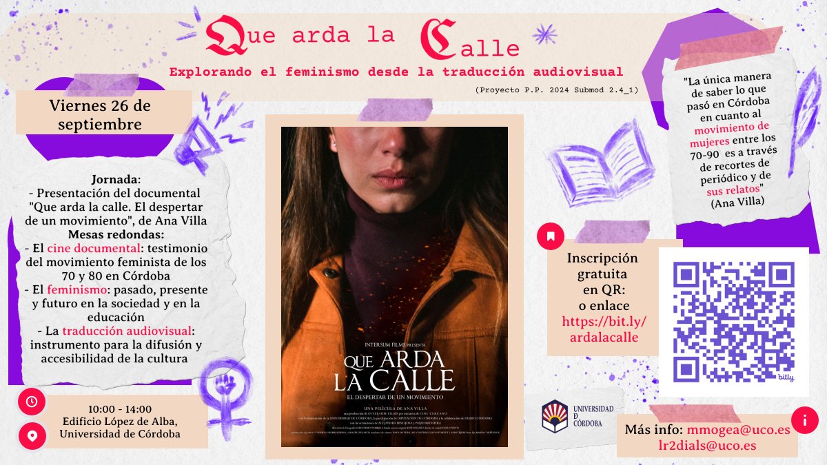 Mar_Ogea (@marogea) on Twitter photo El 26 de septiembre presentaremos el documental "Que arda la calle" y el proyecto de investigación que surge de la sinergia entre cine, traducción audiovisual y feminismo. Puedes inscribirte ya (presencial) para acompañarnos en una jornada muy especial. <a href="/UCOIgualdad/">UCO Igualdad</a> <a href="/UCOLetras/">Filosofía Letras UCO</a> El 26 de septiembre presentaremos el documental "Que arda la calle" y el proyecto de investigación que surge de la sinergia entre cine, traducción audiovisual y feminismo. Puedes inscribirte ya (presencial) para acompañarnos en una jornada muy especial. <a href="/UCOIgualdad/">UCO Igualdad</a> <a href="/UCOLetras/">Filosofía Letras UCO</a>