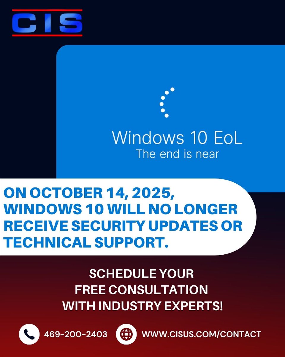 ComputerIntSvc's tweet image. The clock is ticking!

On October 14, 2025, Windows 10 will no longer receive security updates or technical support.

Our team specializes in helping businesses navigate the complexities of end-of-life migrations. Our experts provide a seamless transition, from planning and data…