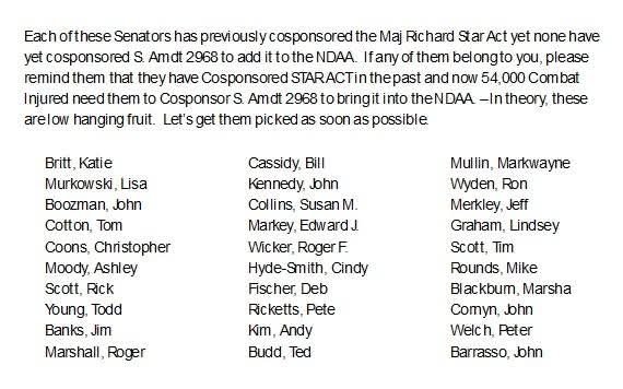 Send emails and call those remaining to co sponsor the Major Richard Star amendment!
<a href="/SenBillCassidy/">U.S. Senator Bill Cassidy, M.D.</a> <a href="/SenatorFischer/">Senator Deb Fischer</a> <a href="/SenTomCotton/">Tom Cotton</a> <a href="/SenatorTimScott/">Senator Tim Scott</a> <a href="/SenatorWicker/">Senator Roger Wicker</a> <a href="/SenJoniErnst/">Joni Ernst</a> <a href="/SenMullin/">Markwayne Mullin</a> <a href="/SenatorRounds/">Senator Mike Rounds</a> <a href="/SenateGOP/">Senate Republicans</a>